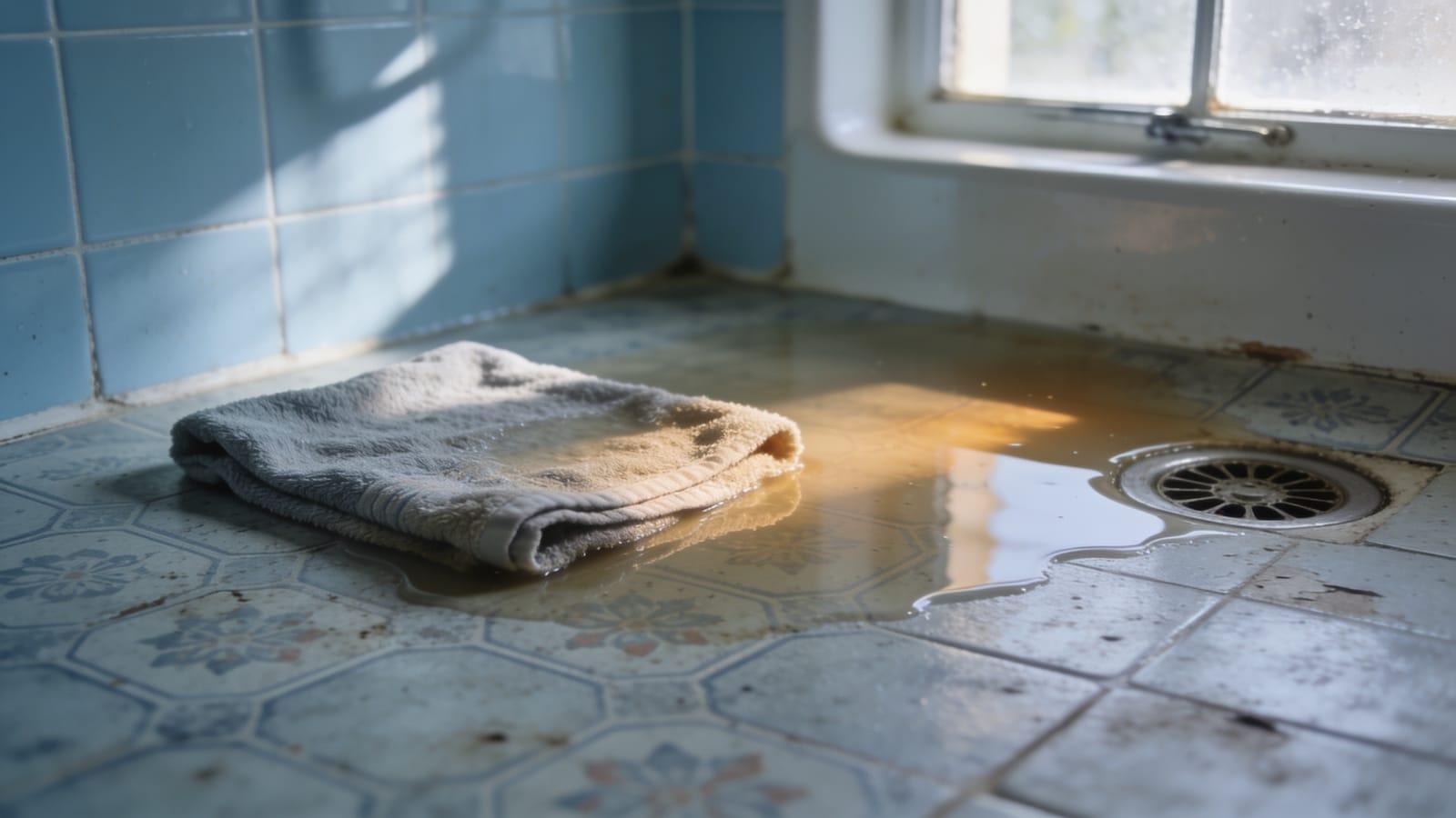 Water backing up from a shower waste onto the bathroom floor of an older New Zealand home