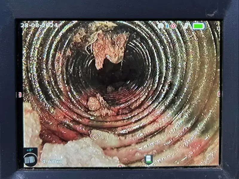 Live CCTV footage showing inside of drainage pipe with root intrusion