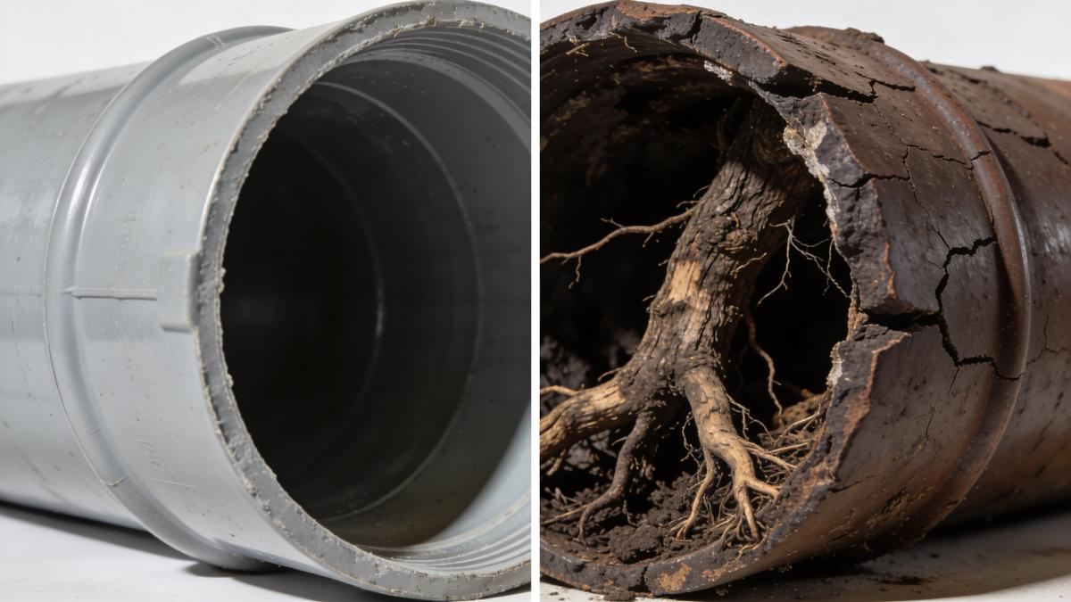 Clean PVC pipe compared to old pipe severely damaged by tree root intrusion