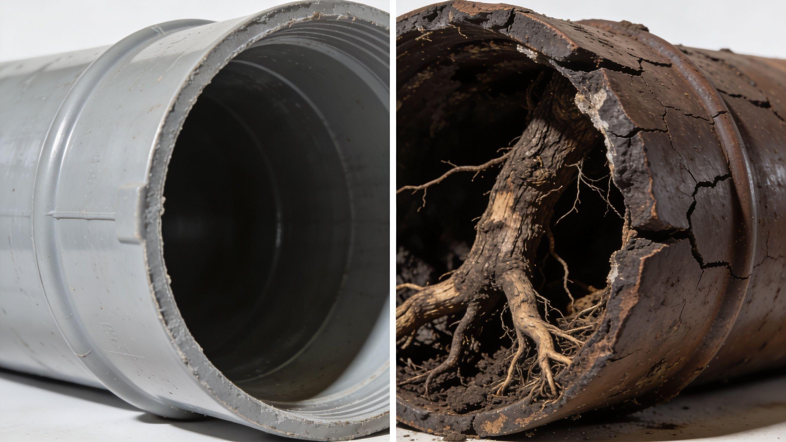 Clean PVC pipe vs damaged pipe showing importance of maintenance